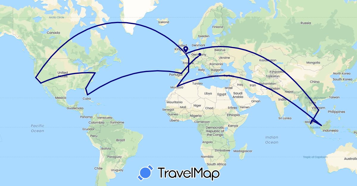 TravelMap itinerary: driving in Germany, Spain, France, United Kingdom, Morocco, Malaysia, Turkey, United States, Vietnam (Africa, Asia, Europe, North America)